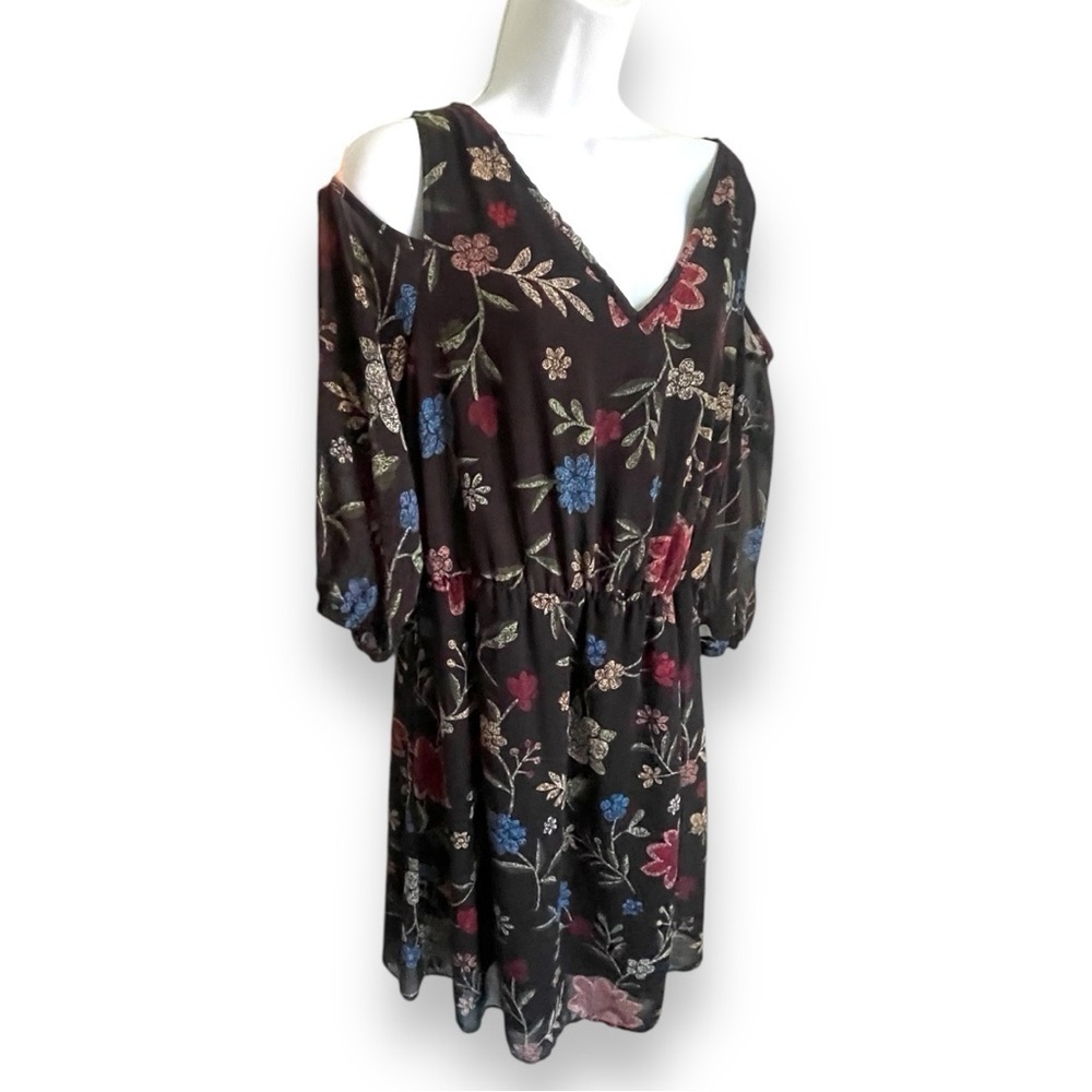 Signature Collection Floral Cold Shoulder Midi Dress Black Boho V-Neck
